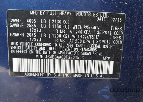 2015 Subaru Outback 2.5I из США, поврежденный, VIN 4S4BSAAC0F3301503